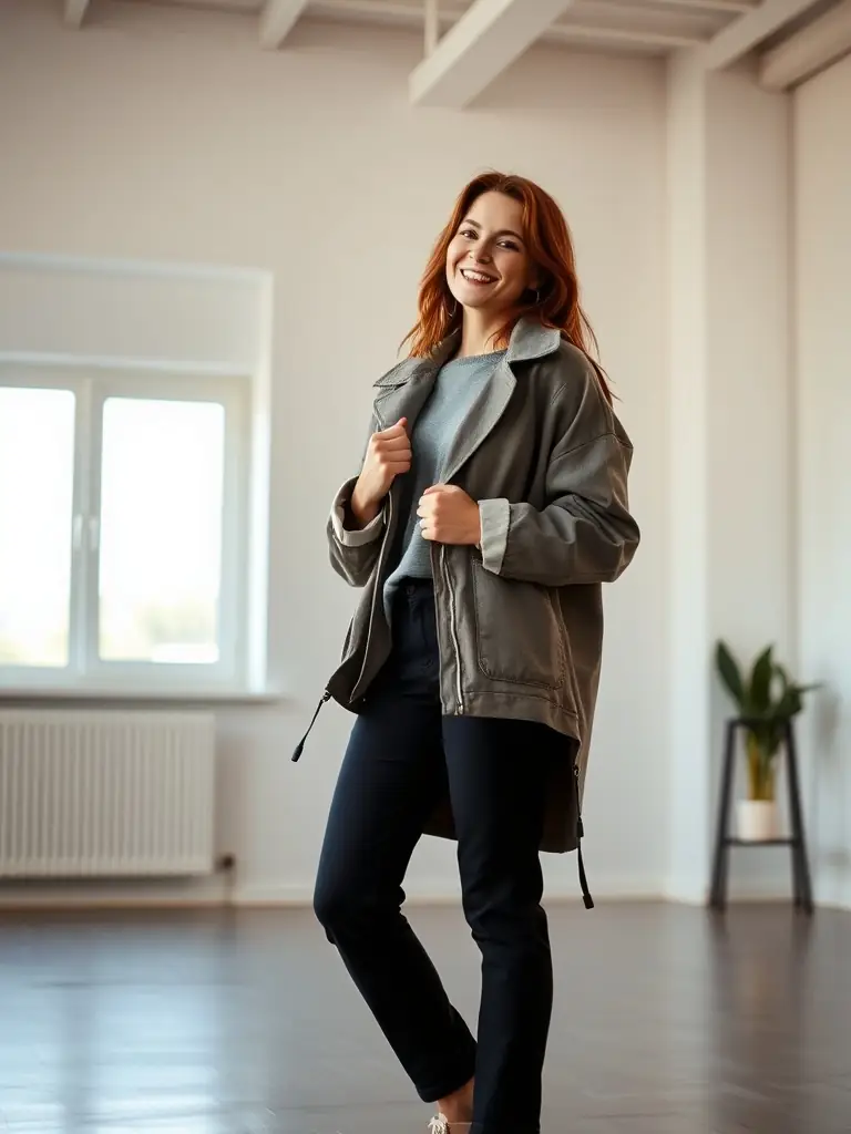 A woman smiling confidently, wearing a stylish outfit, standing in front of her organized closet, symbolizing the transformation achieved through personal style consultation.